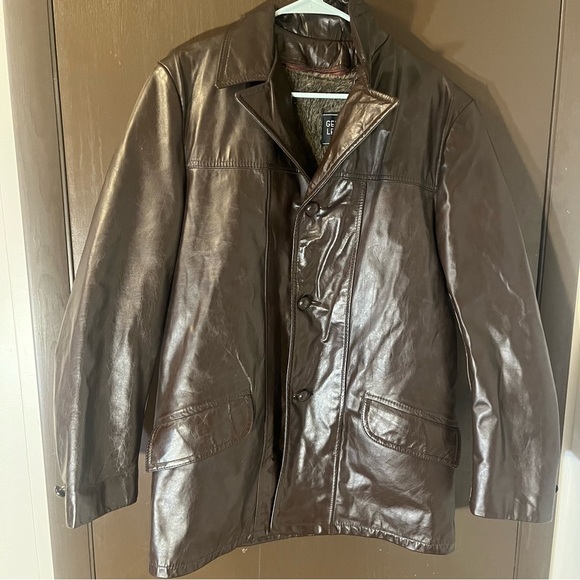 Vintage Genuine Leather Jacket Chocolate Brown Button Up Faux Fur Lining - Picture 9 of 9